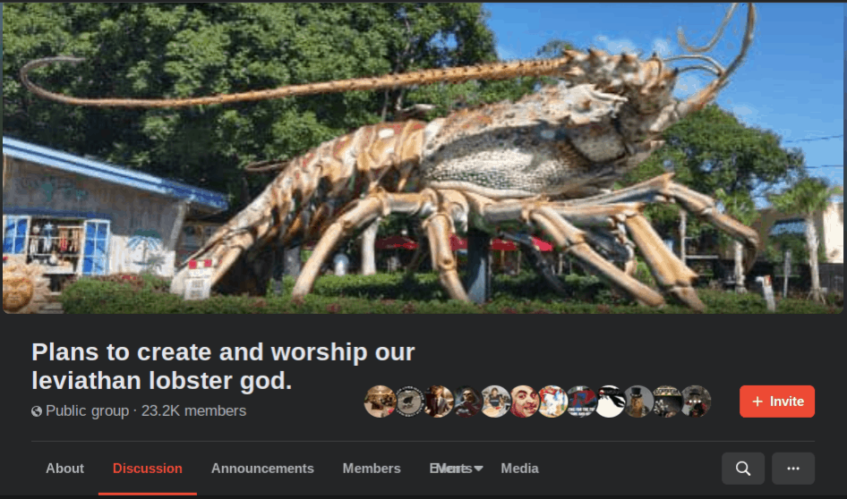 Facebook group page, with header image of a giant lobster