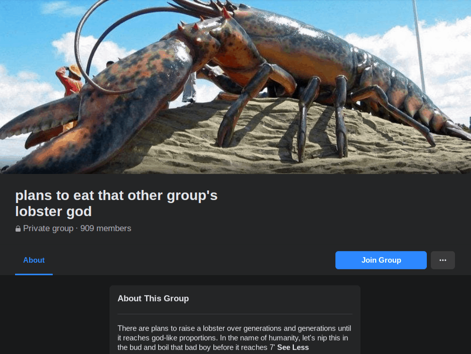 Facebook group page, with header image of giant lobster statue on the beach