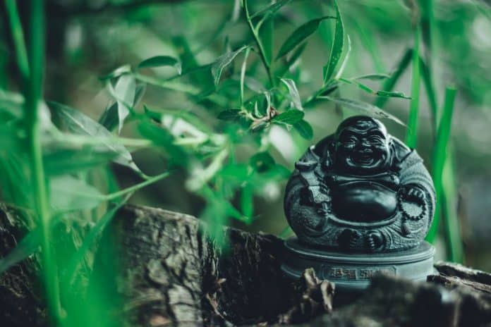 Green laughing Buddha statue, surrounded by green leaves