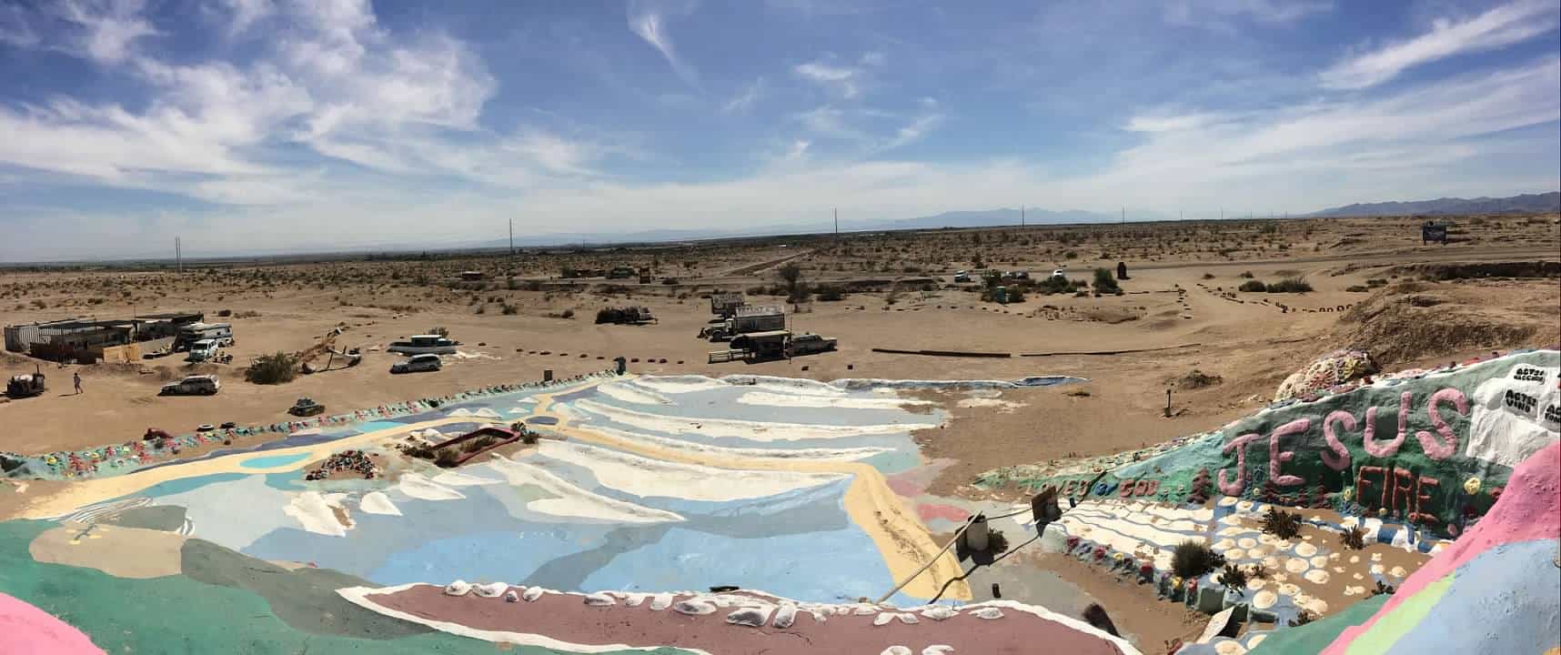 View from the top of the main peak at Salvation mountain. Can see a large expanse of the surrounding desert