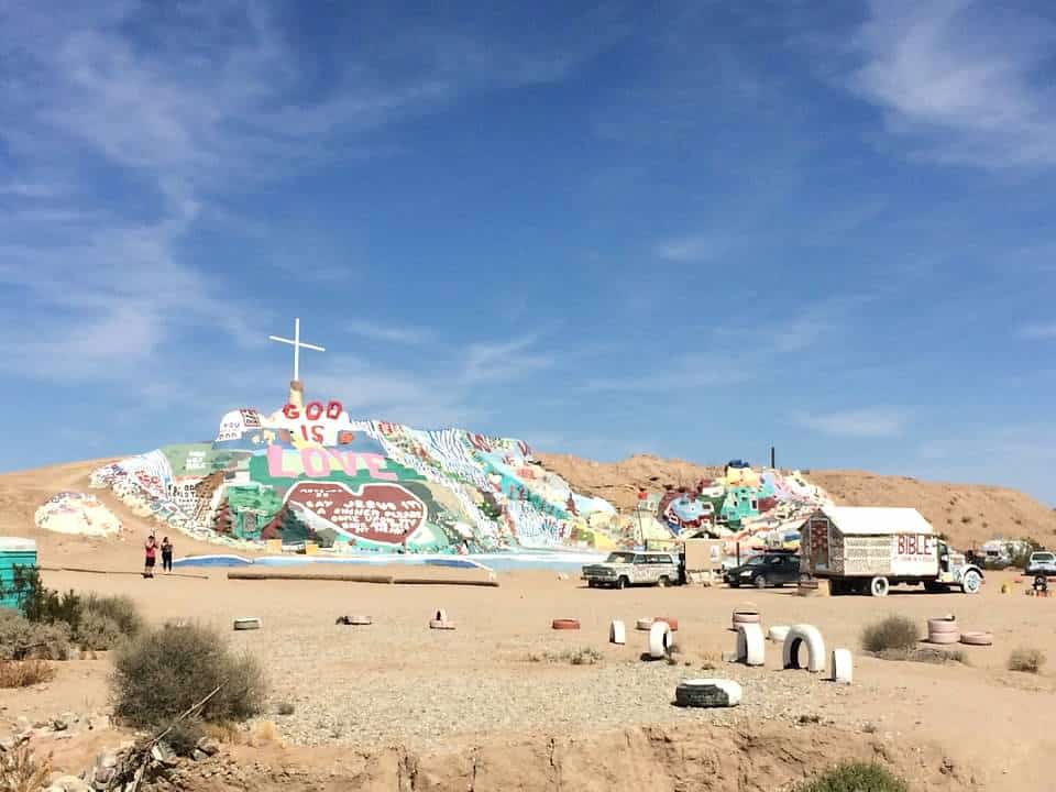 Main peak and parts of the grounds of Salvation Mountain