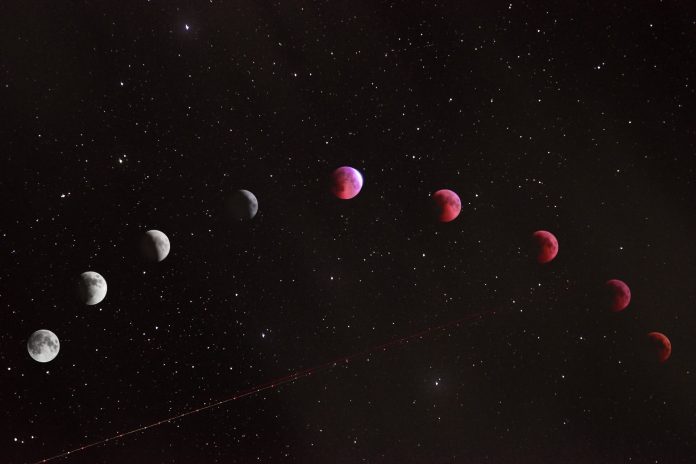 Images of the moon going through its cycle, turning red halfway through