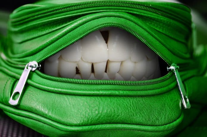 Green handbag with zipper opened, showing a set of teeth