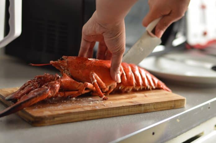 Person preparing to cut a lobster. Lobster is on a cutting board, held by a person's hand. The person's other hand holds a kince