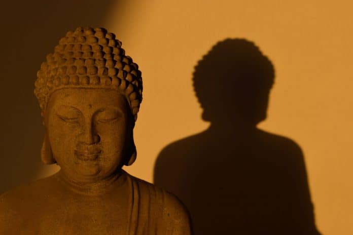 Buddha statue head with shadow behind