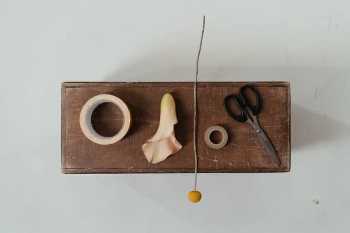 Wooden board with tape, flower head, flower stem, and old pair of scissors sitting on top of it