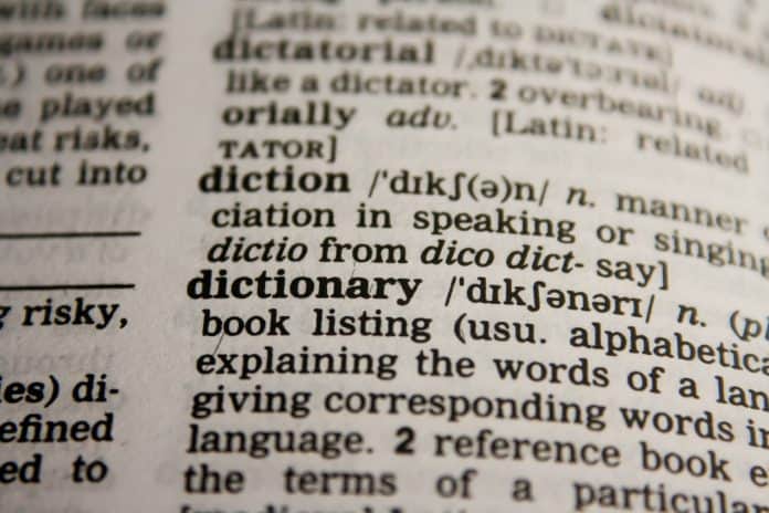 Page in dictionary showing the definition of dictionary
