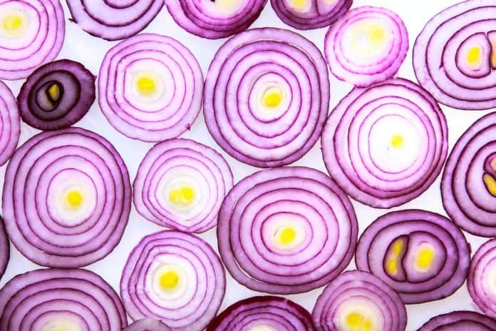 Mid-section slices of red onions, placed together to make a solid, but translucent sheet of onion